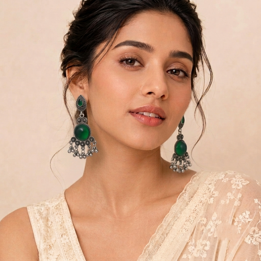 Oxidised Silver Drop Earrings with Green Stone Traditional Boho Jhumka