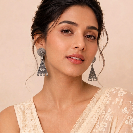 Oxidised Silver Round Filigree Earrings Geometric Triangle Drop Hanging Jhumka