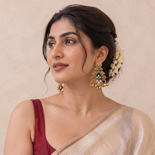Traditional Temple Chandelier Jhumka Antique Gold Kashmiri Peacock Earrings
