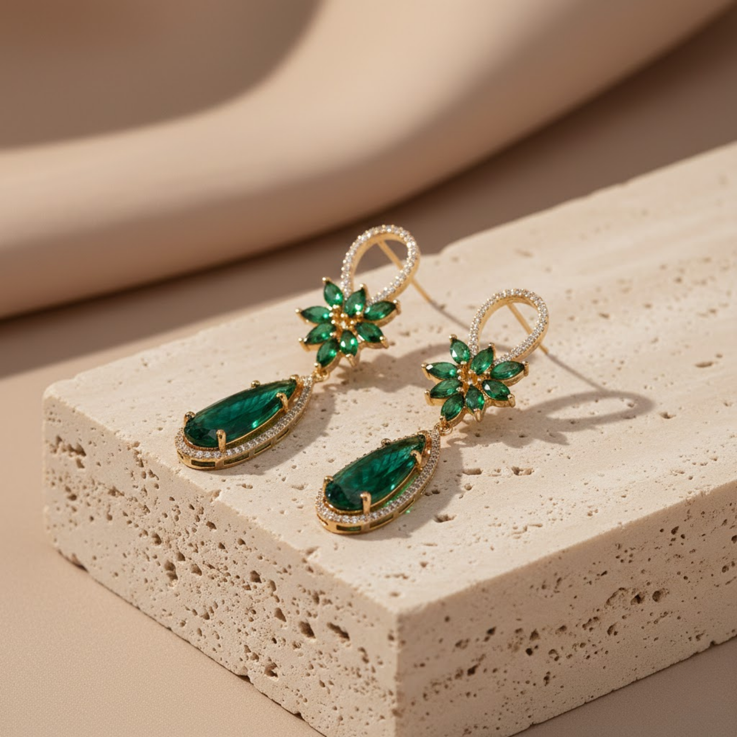 Exquisite Emerald Green CZ Petal Drop Earrings