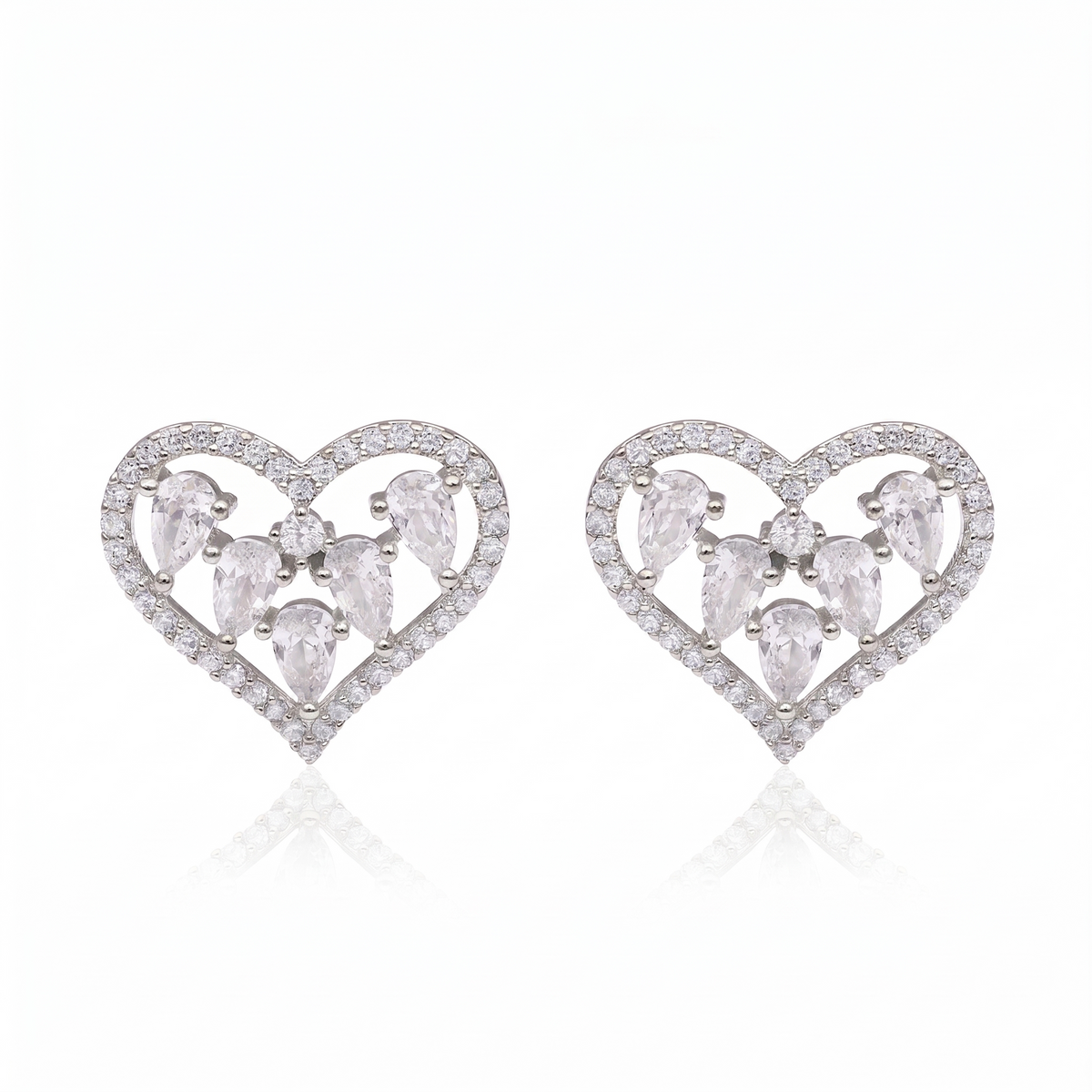Silver Plated Brass Open Heart Stud Earrings with Crystal Cluster Inlays