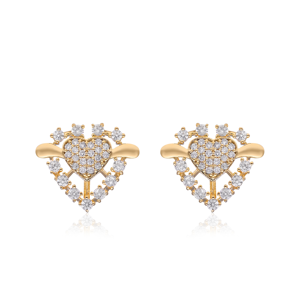 Gold Plated Brass Winged Heart Stud Earrings with Crystal Pavé