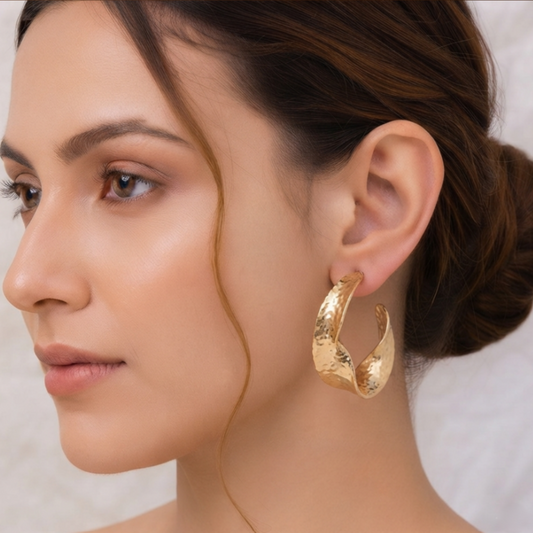 Brass Hammered Textured Abstract Twist Open Hoop Earrings for Women