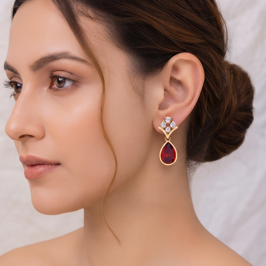 Gold Plated Brass Teardrop Drop Earrings with Red Stone