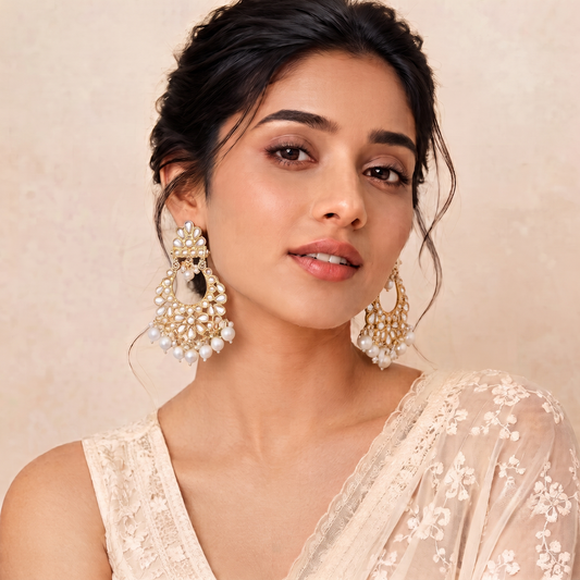 Gold Plated Kundan Chandbali Earrings with Pearls Traditional Drop Jhumka for Women