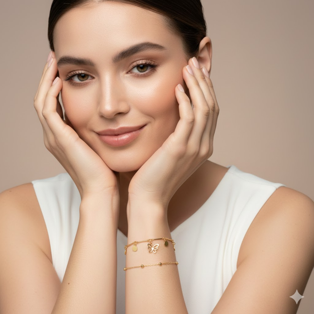 Gold Plated Butterfly & Minimal Bracelet Set