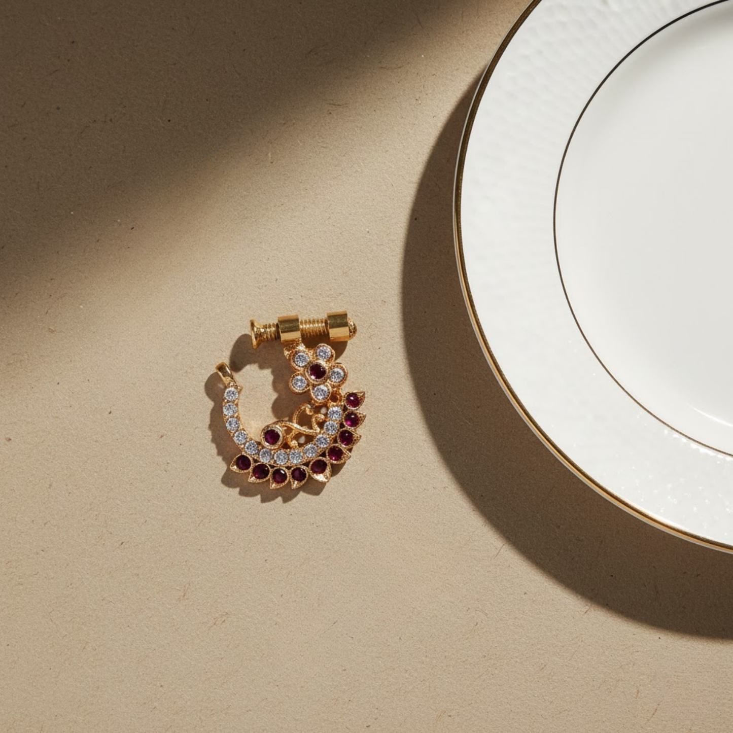 Maroon White Stone Nath Nose Pin
