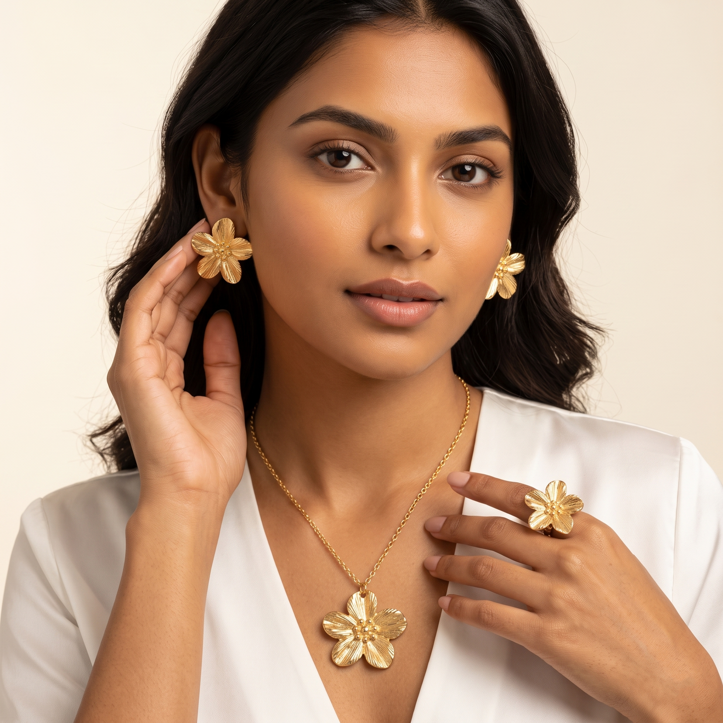 Gold Toned Brass Flower Necklace, Earrings And Ring Set