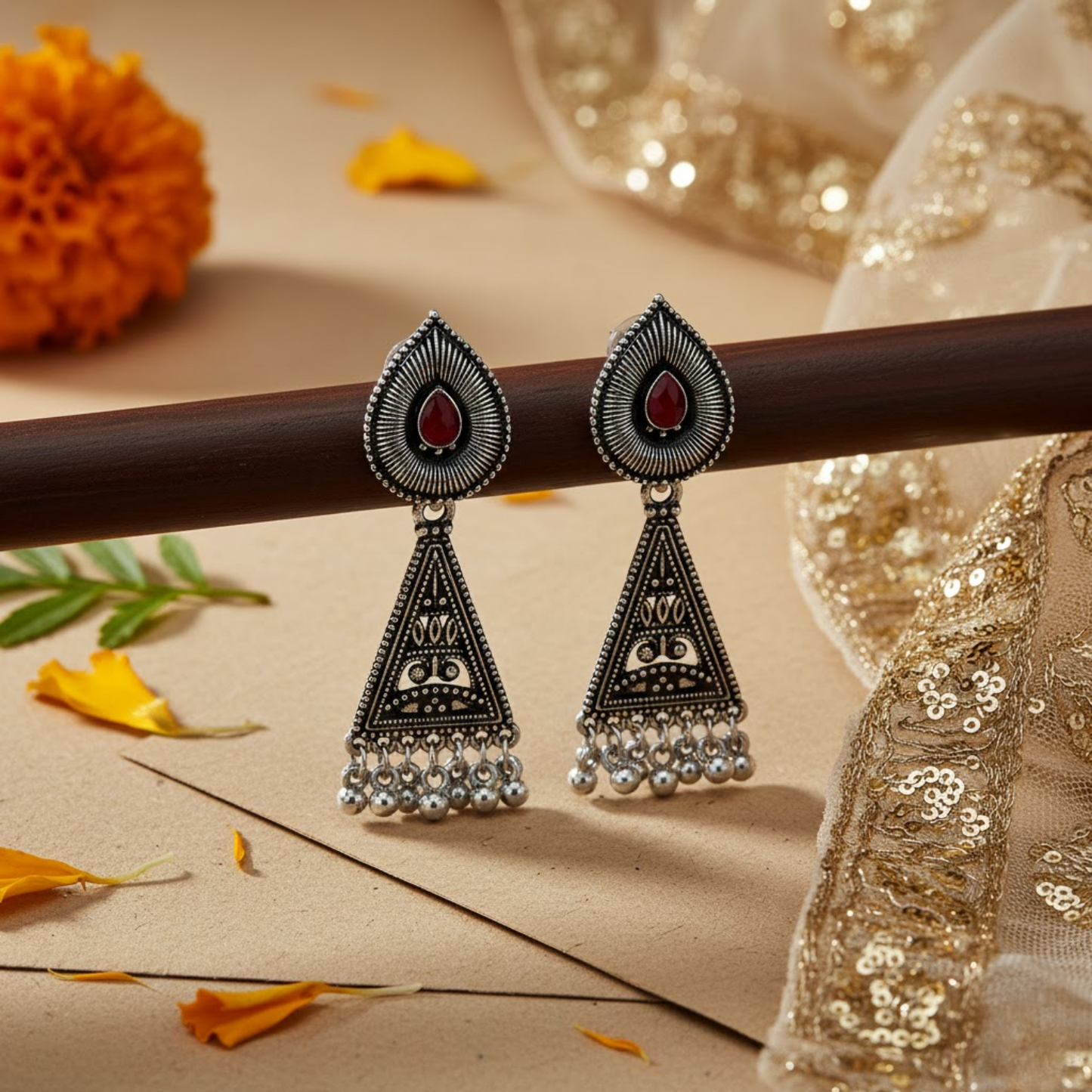 Maroon Stone Triangular Earrings