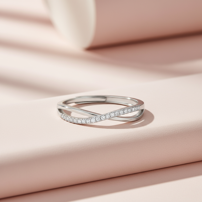 Twisted Band CZ Ring in Silver Finish