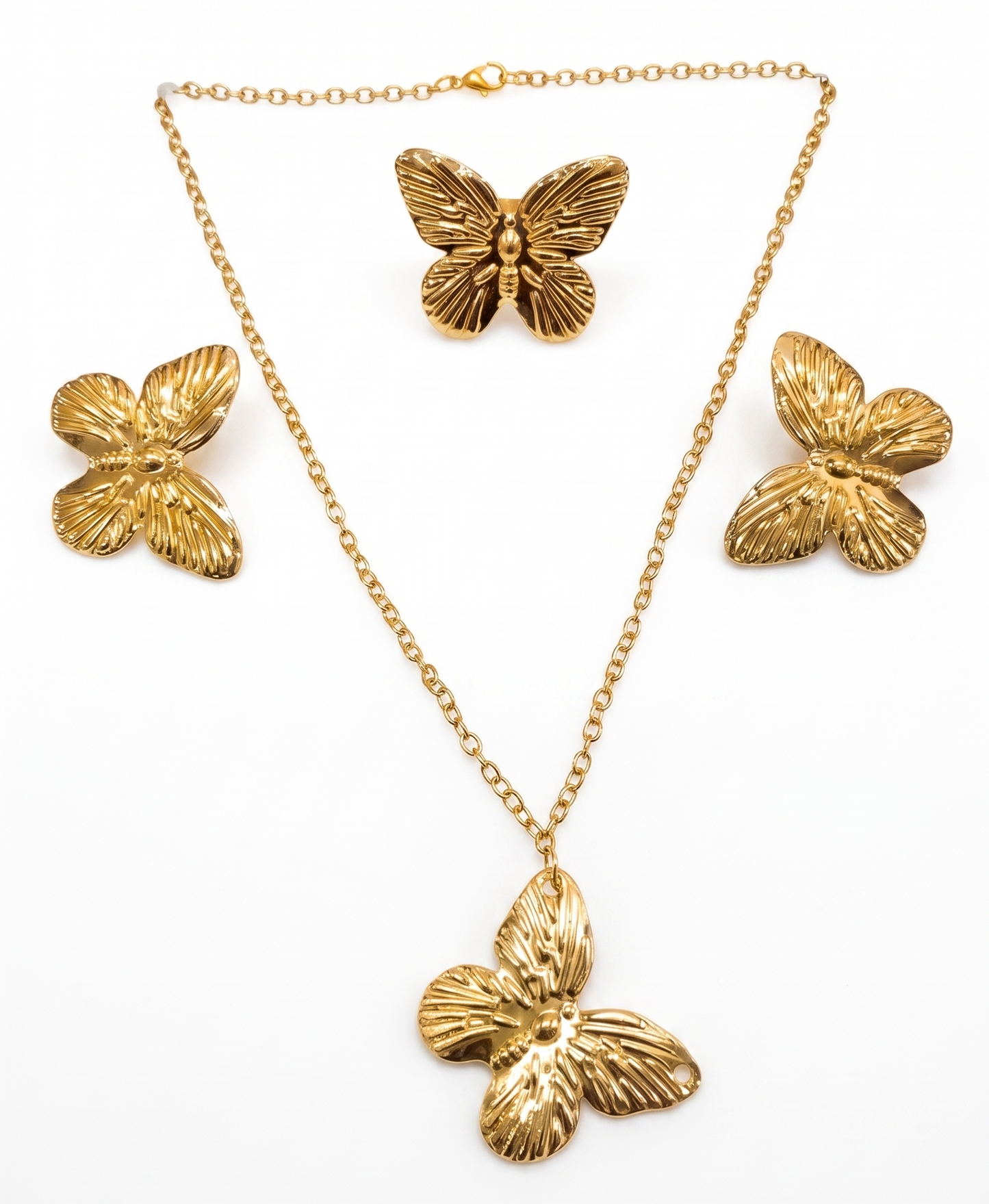 Gold Toned Brass Butterfly Necklace, Earrings And Charm Set