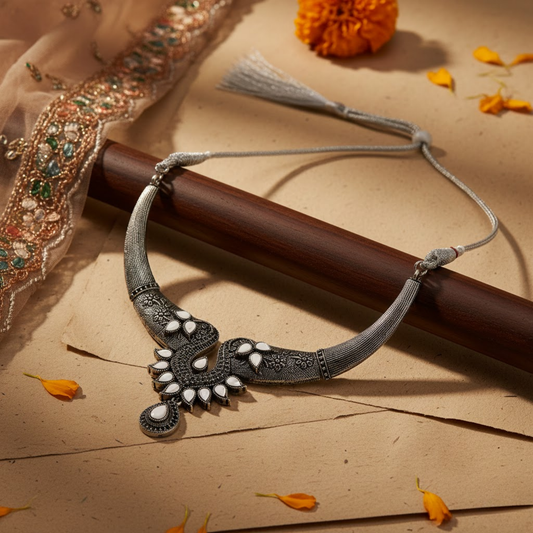 Oxidized Alloy Metal Statement Necklace Set with Matching Earrings With Maang Tikha