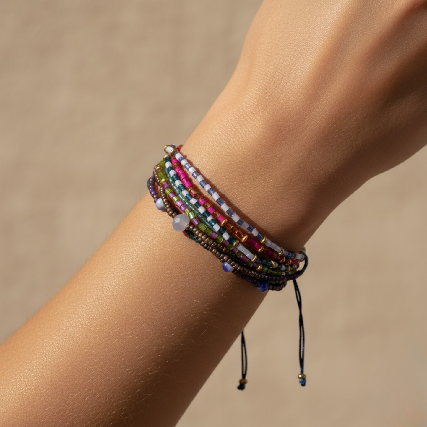 Pink Blue Seed Bead Layered Bracelet
