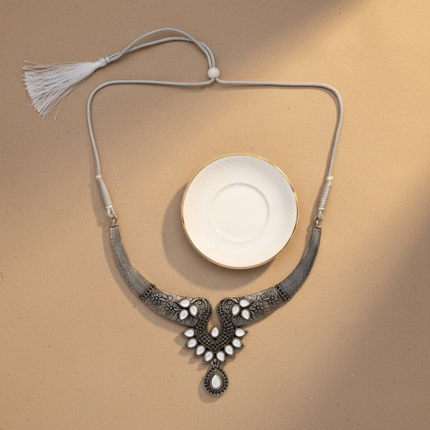 Oxidized Alloy Metal Statement Necklace Set with Matching Earrings With Maang Tikha