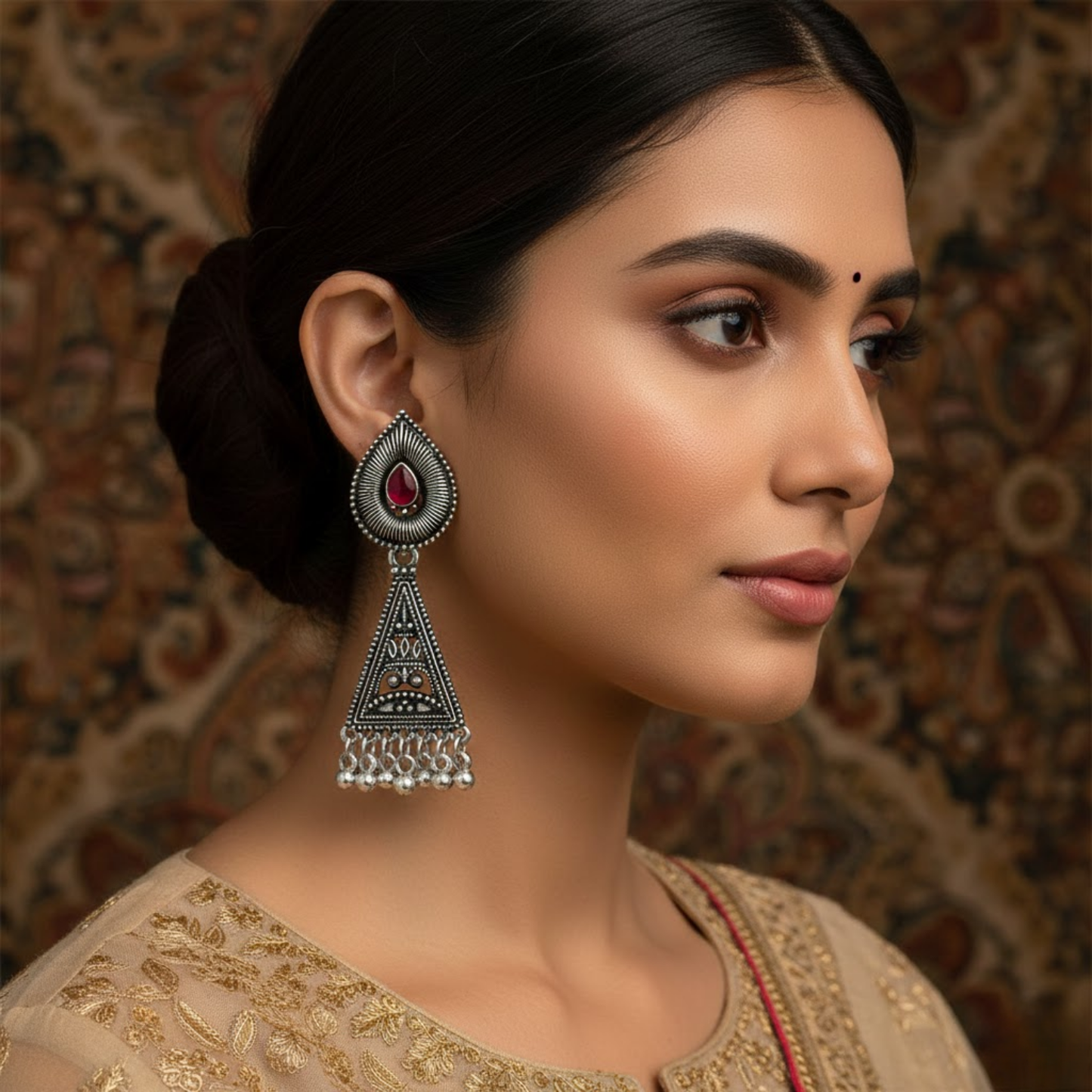 Maroon Stone Triangular Earrings