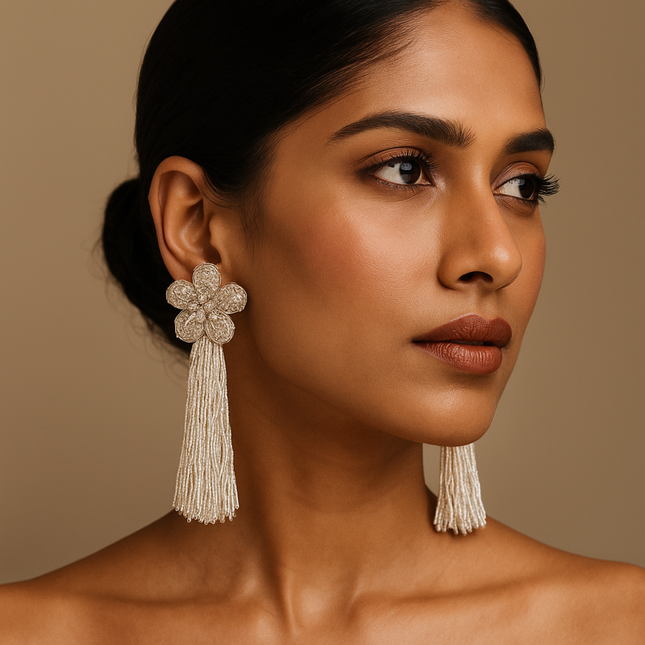 Champagne Beaded Flower Tassel Earrings