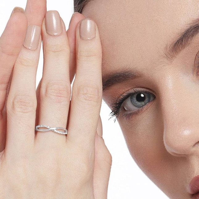 Elegant Crossover CZ Band Ring in Silver Finish