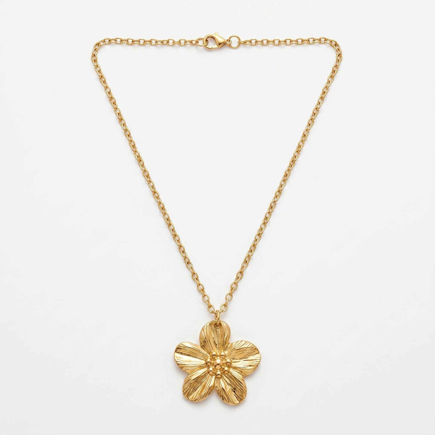 Gold Toned Brass Flower Necklace, Earrings And Ring Set