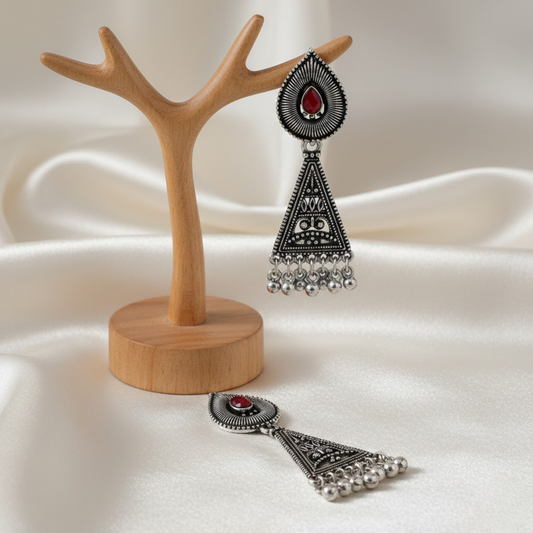 Maroon Stone Triangular Earrings