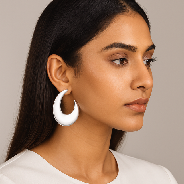 Sculptural Silver Crescent Hoop Earrings