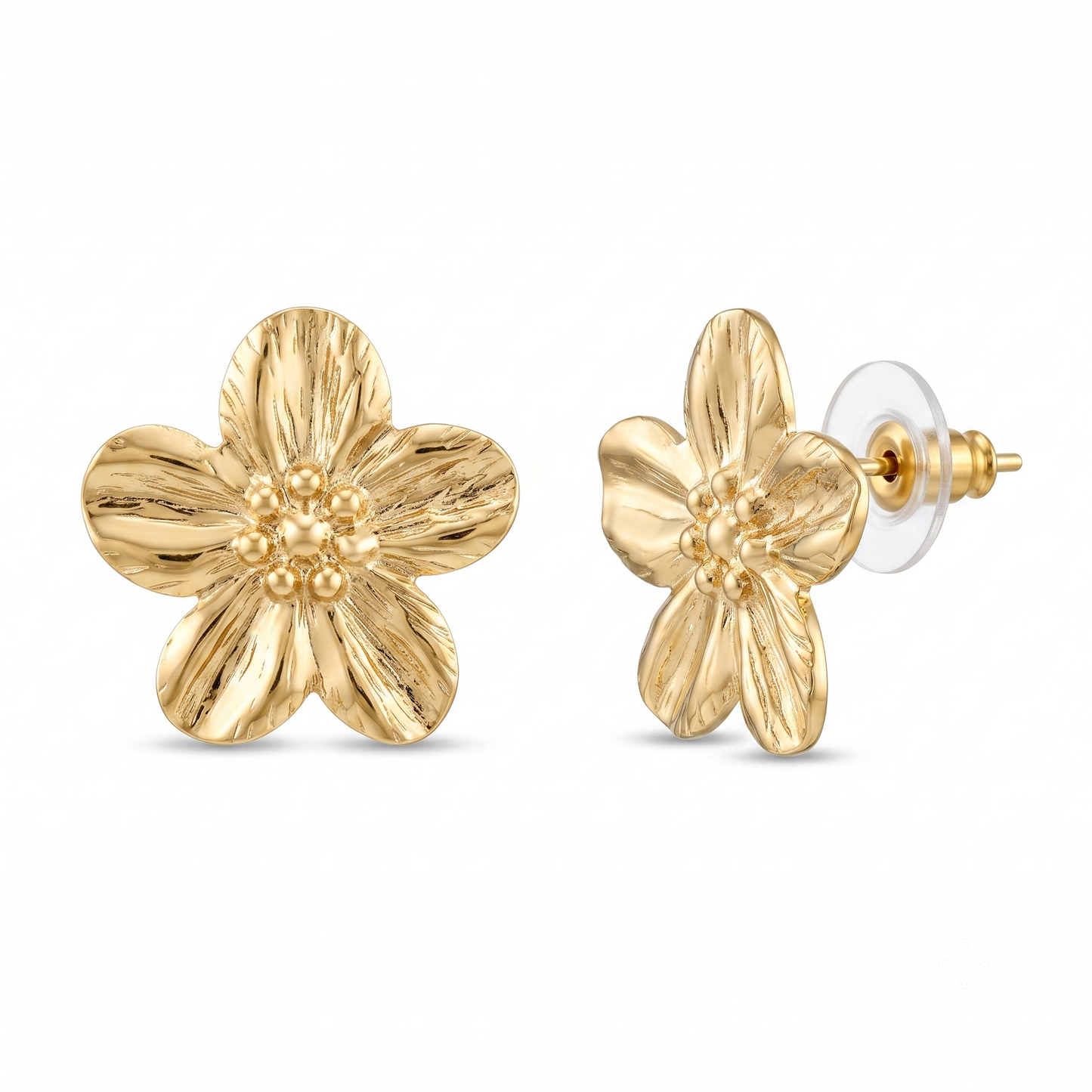 Gold Toned Brass Flower Necklace, Earrings And Ring Set