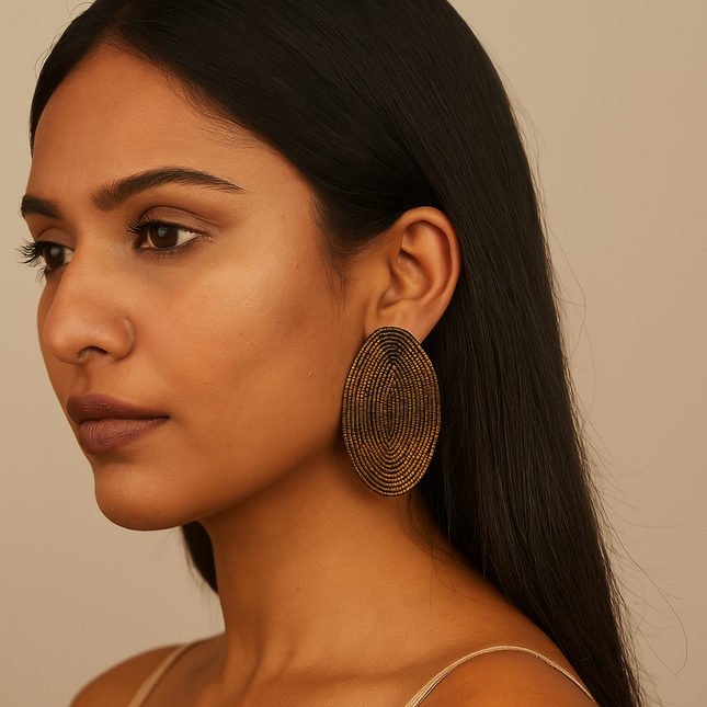 Brown Beaded Oval Earrings