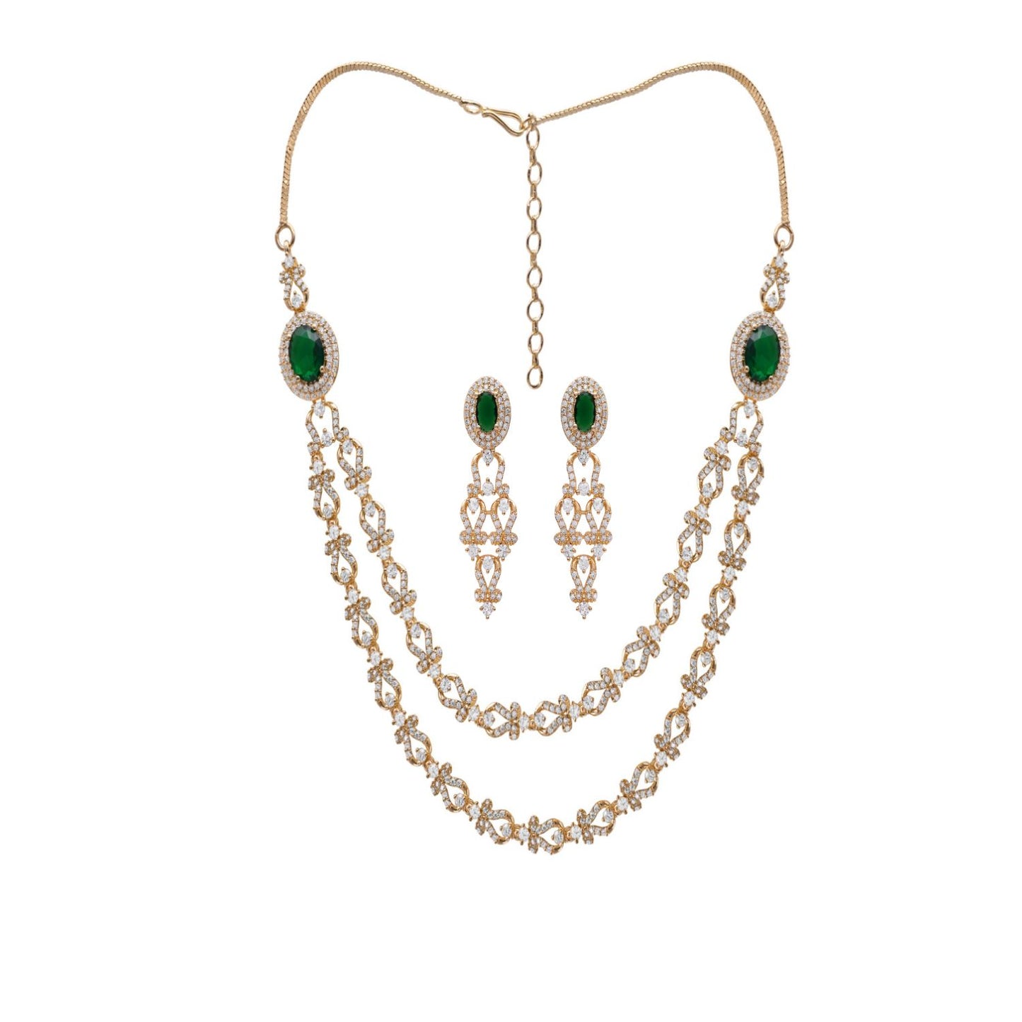 Dual Layer Emerald Color Rani Haar Necklace Set