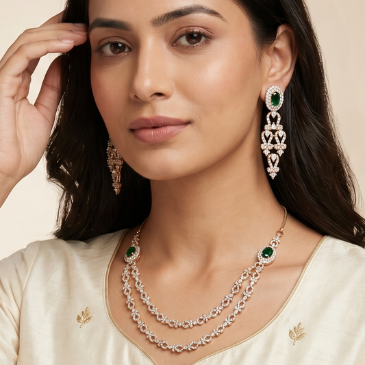 Dual Layer Emerald Color Rani Haar Necklace Set