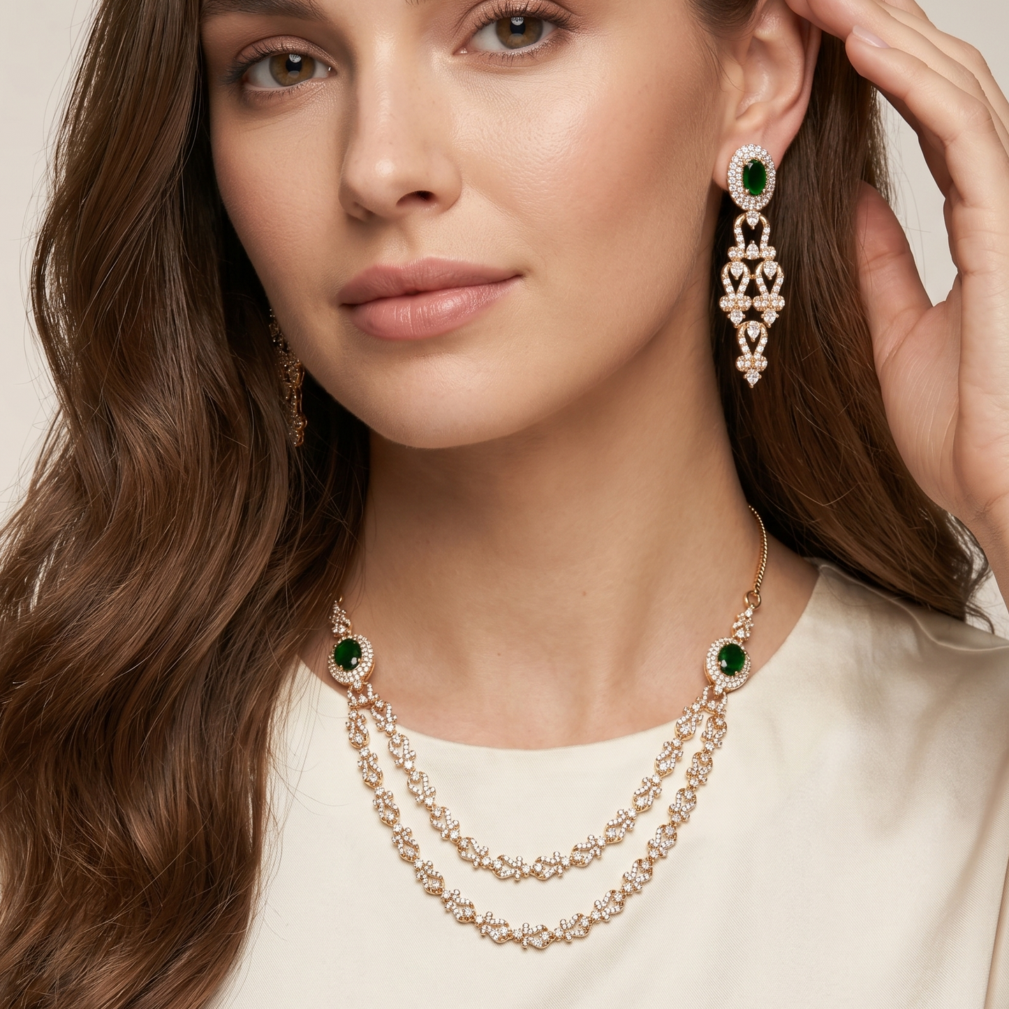 Dual Layer Emerald Color Rani Haar Necklace Set
