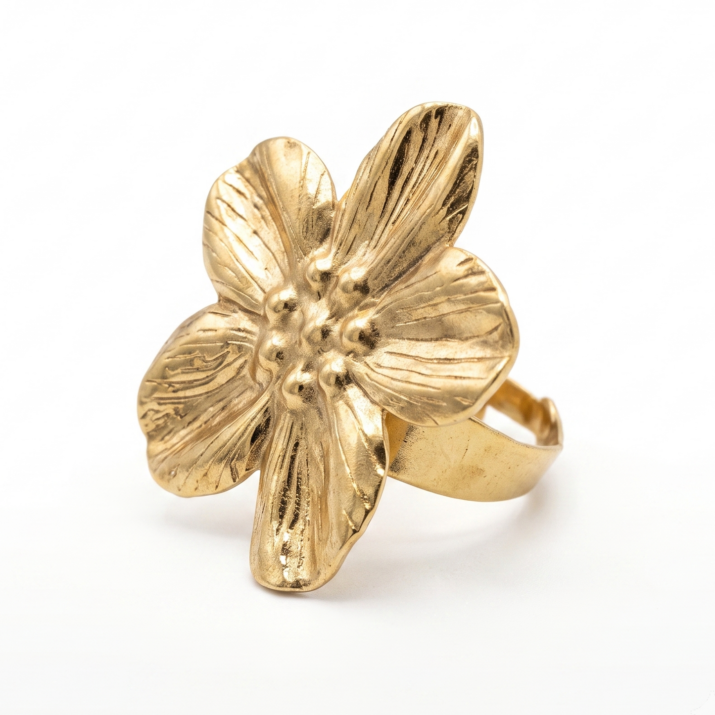 Gold Toned Brass Flower Necklace, Earrings And Ring Set