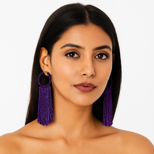 Purple Tassel Beaded Hoop Earrings