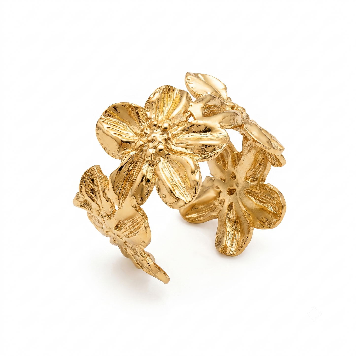 Gold Toned Brass Flower Necklace, Earrings And Ring Set