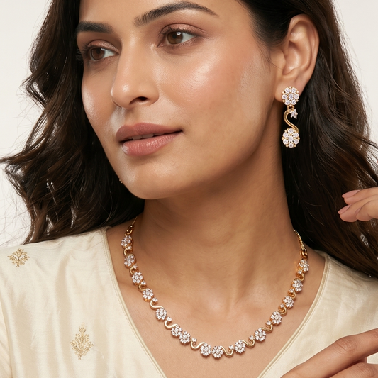 Wave Silhouette Floral CZ Necklace Set