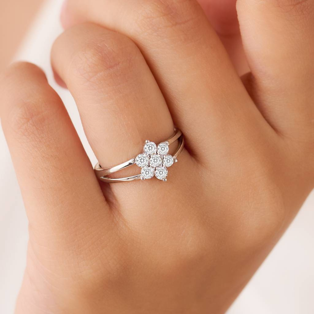 Floral Cluster CZ Ring in Silver Finish