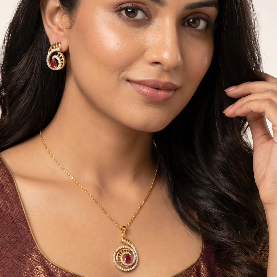 Spiral Shell Garnet Color Pendant Set