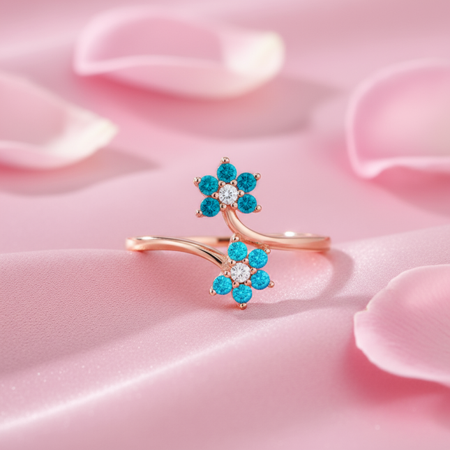 Dual Blue Floral CZ Ring in Gold Finish