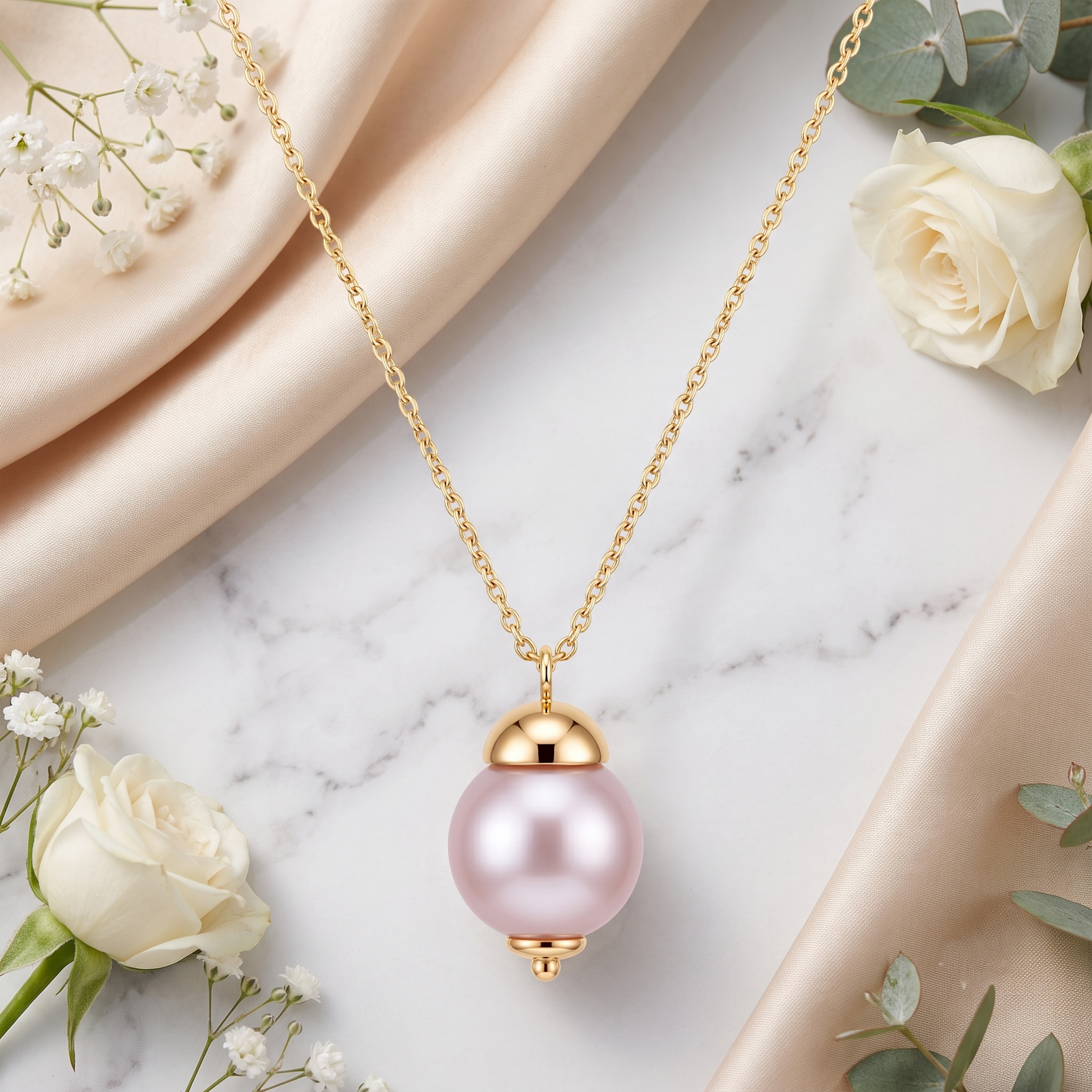Gold Plated Brass Pink Pearl Drop Pendant Necklace