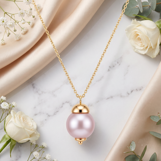 Gold Plated Brass Pink Pearl Drop Pendant Necklace