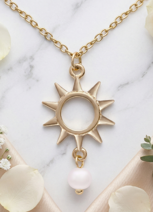 Celestial Radiance 18K Gold Plated Sunburst Pendant Necklace with Hanging Freshwater Pearl