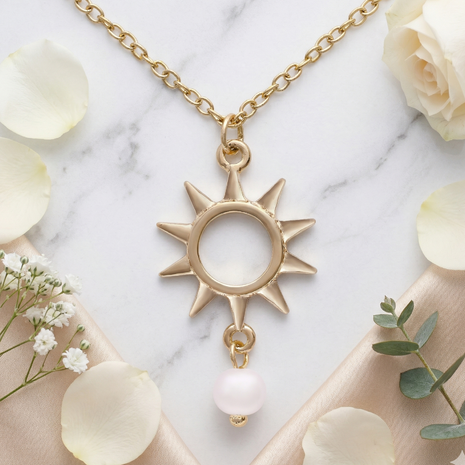 Celestial Radiance 18K Gold Plated Sunburst Pendant Necklace with Hanging Freshwater Pearl