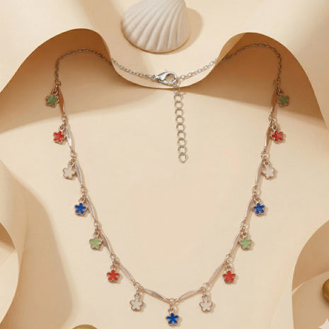 Rose Gold-Plated Brass Multicolor Floral Enamel Charm Necklace