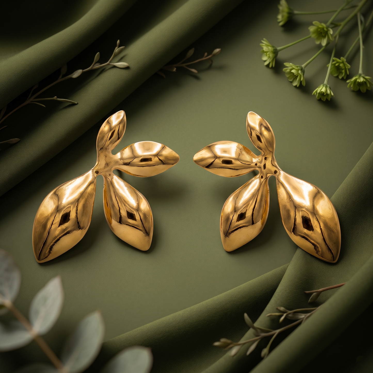 Gold Toned Brass Leaf Stud Earrings