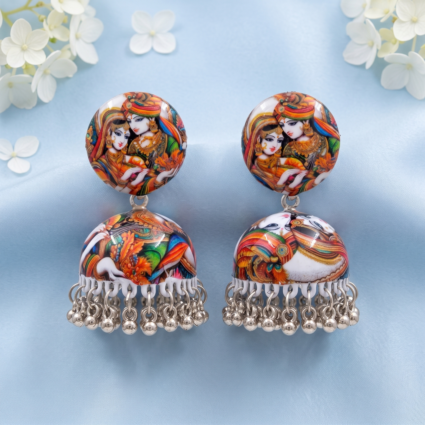 Silver Toned Brass Radha Krishna Print Jhumka Earrings