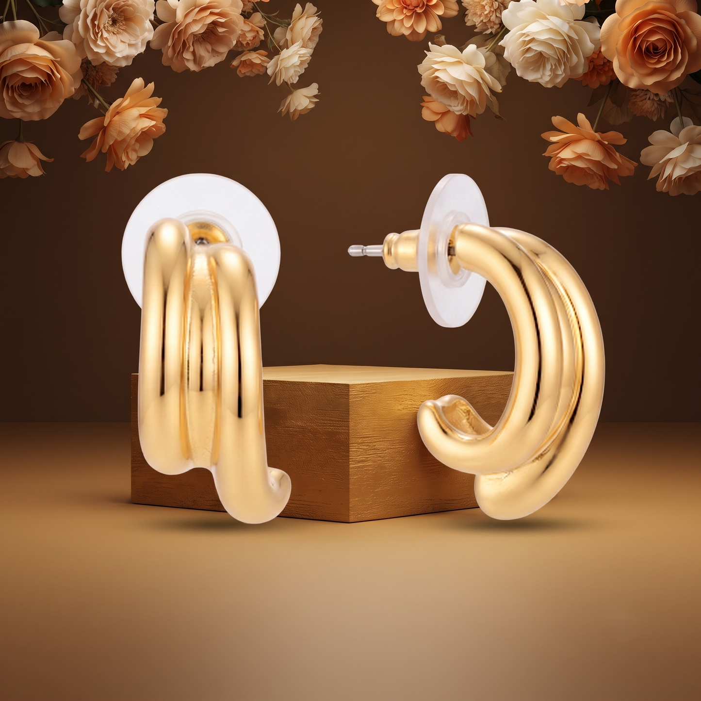 Gold Plated Brass Twisted Curved Hoop Earrings