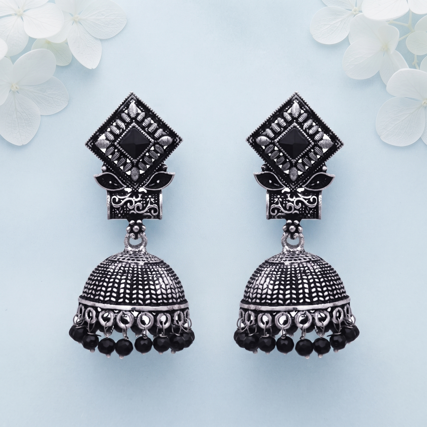 Black Stone Accent Jhumka Earrings