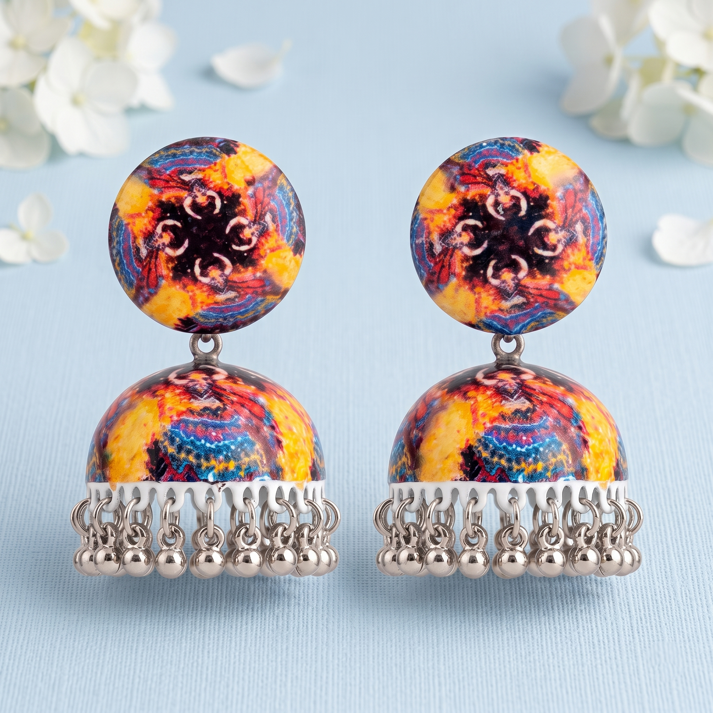 Silver Toned Brass Tribal Print Jhumka Earrings