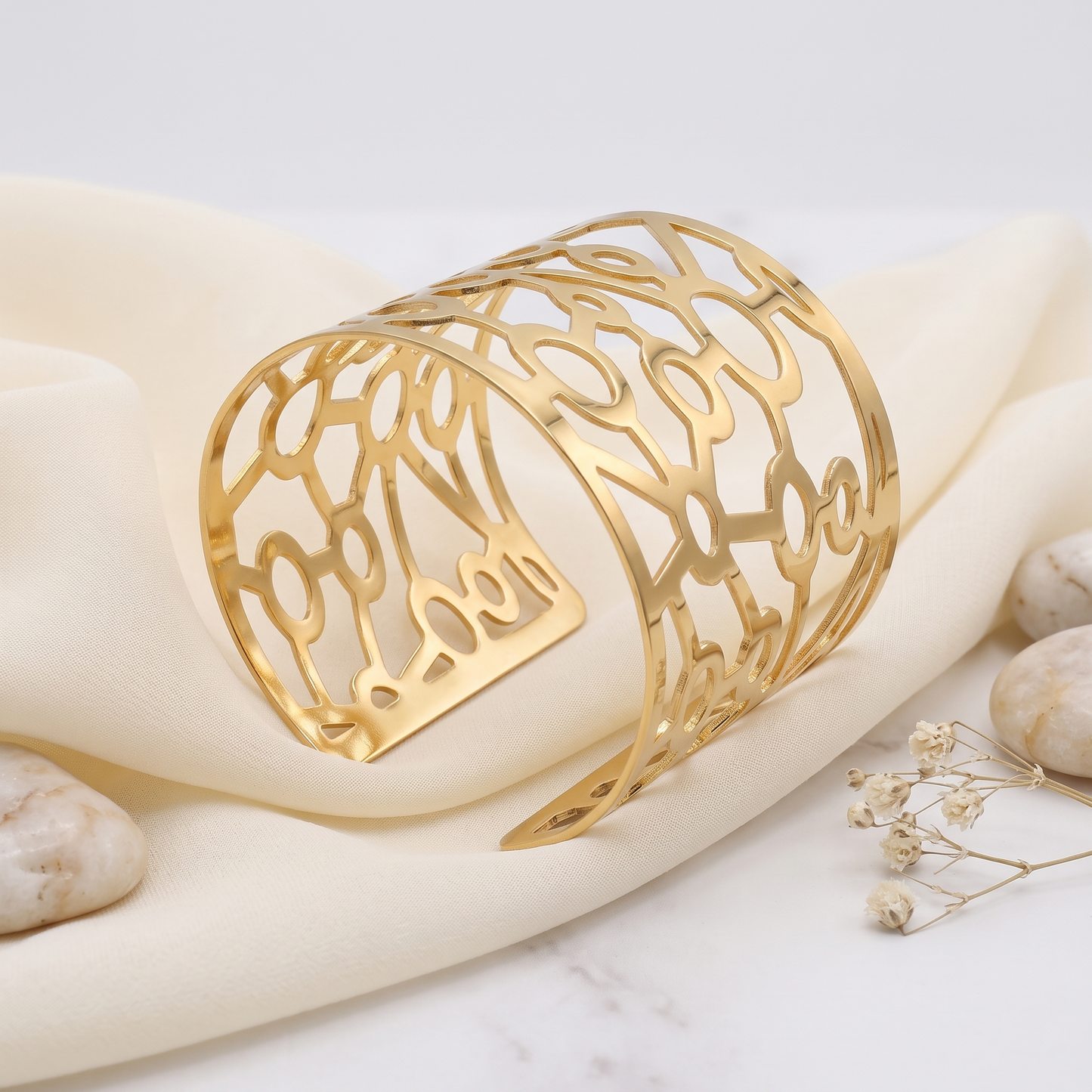 Gold Toned Brass Web Cutout Cuff Bangle