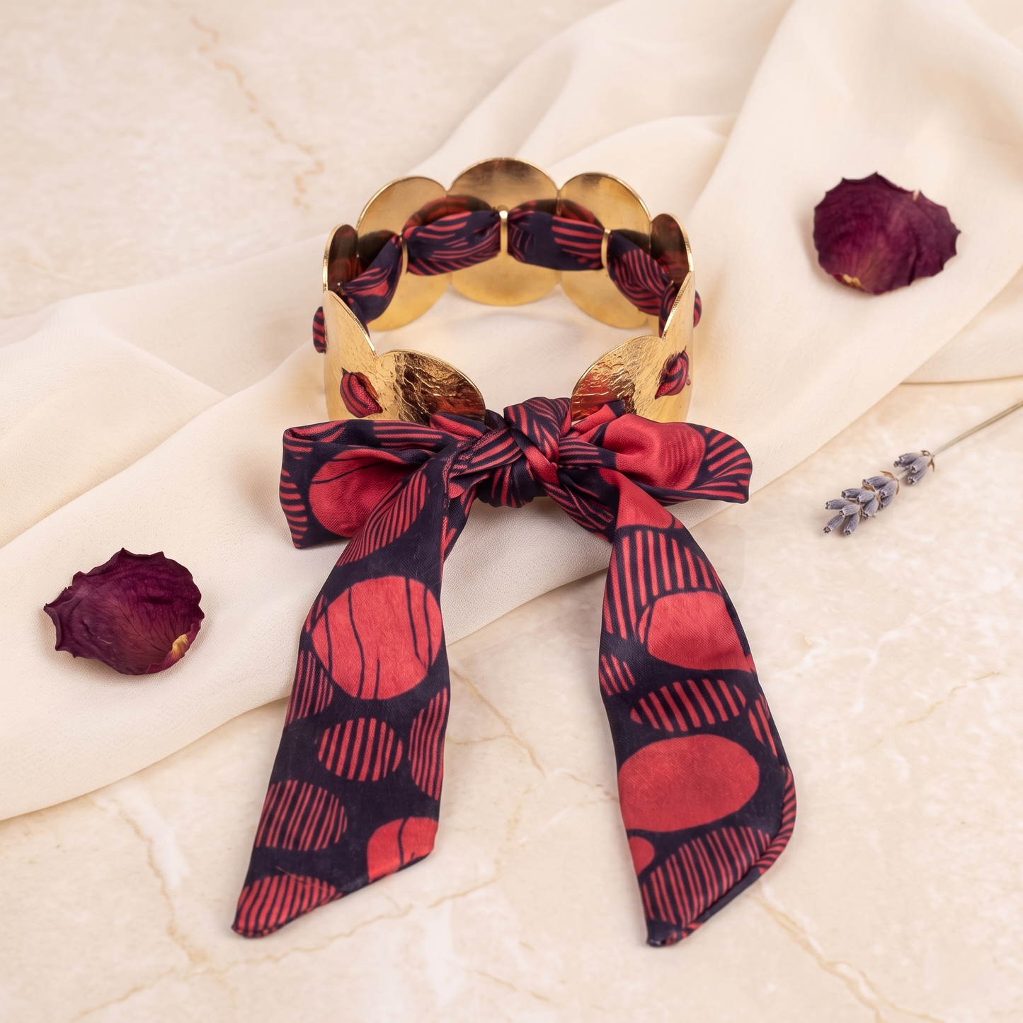 Gold Toned Brass Scrunchie Bangle With Leopard Print Scarf Tie