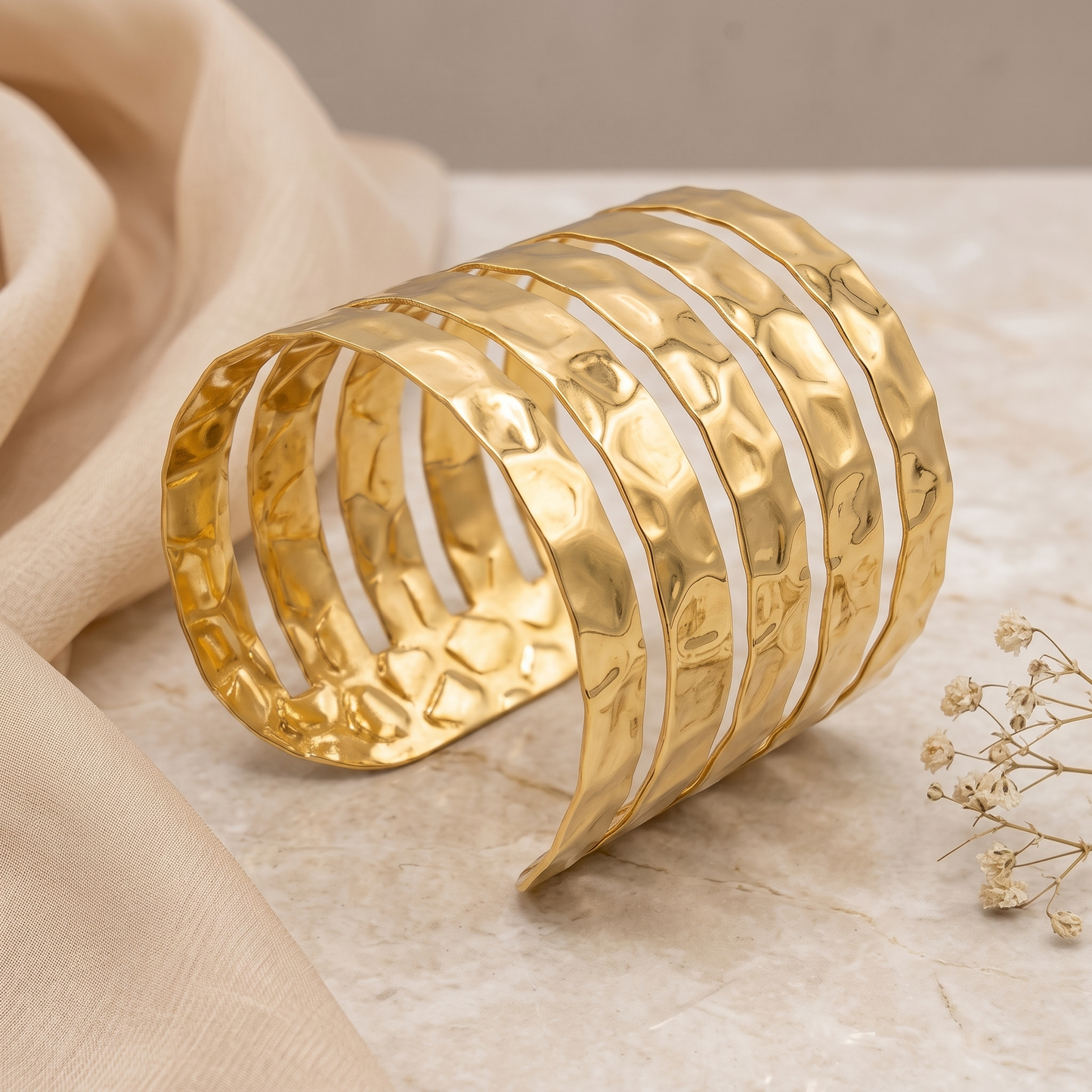 Gold Toned Brass Layered Wave Cuff Bangle