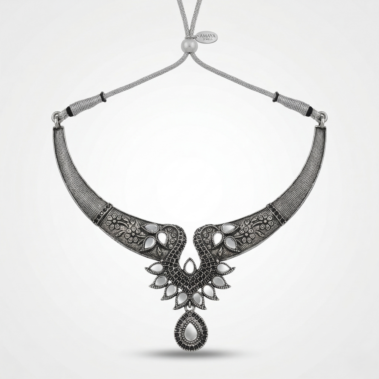 Oxidized Alloy Metal Statement Necklace Set with Matching Earrings With Maang Tikha
